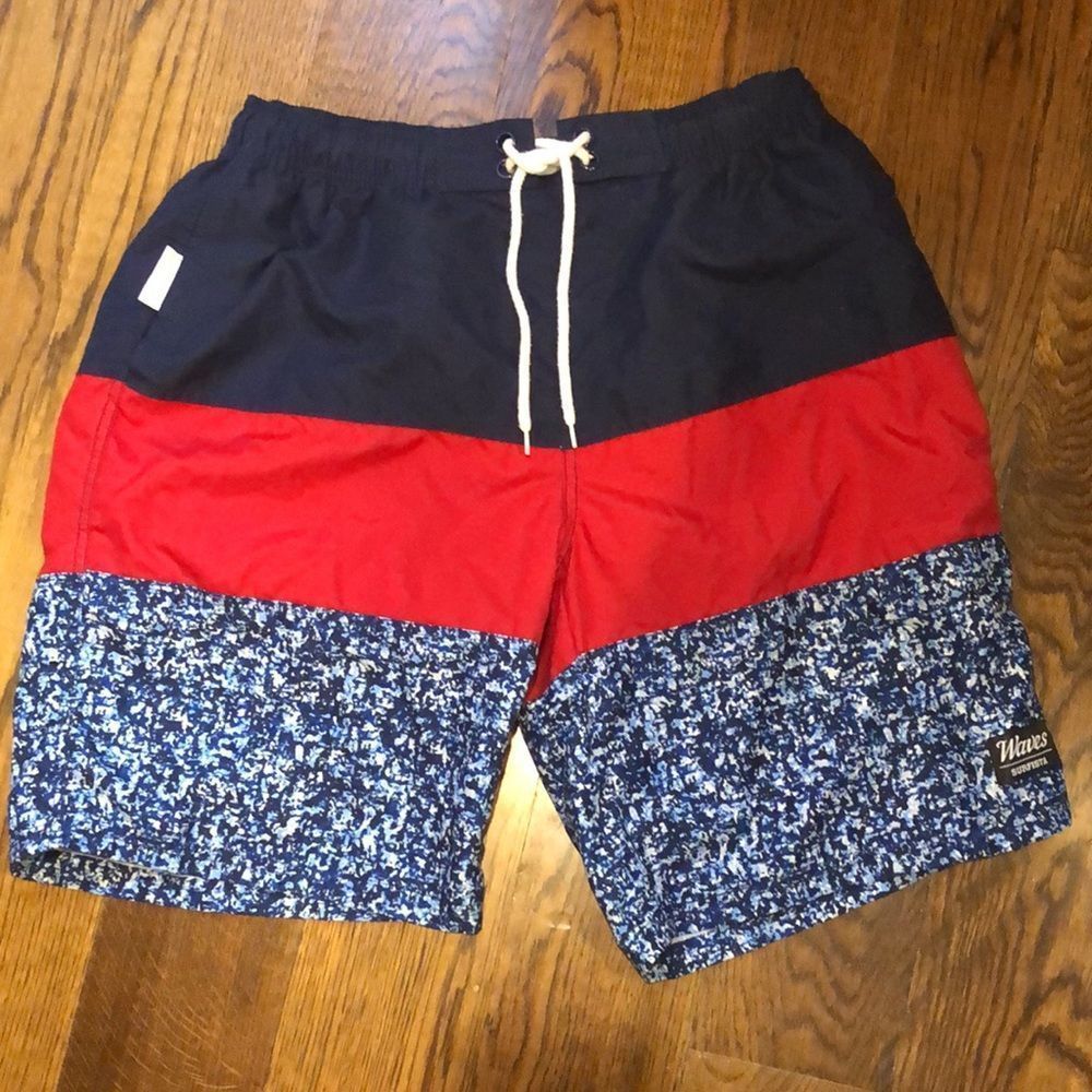 TESLA Mens Waves Surfista Rugby Navy Red Stripe Lined Swim Trunks NWOT Sz Large